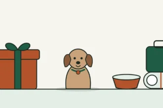 Illustration of a dog next to a wrapped gift, a travel bowl, a rolled bed and a suitcase