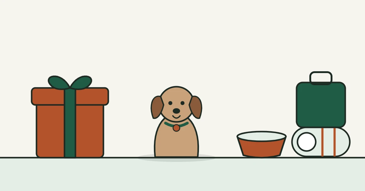 Illustration of a dog next to a wrapped gift, a travel bowl, a rolled bed and a suitcase
