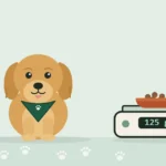 Illustrated Golden Retriever in a travel bandana sitting beside a kitchen scale holding a bowl of kibble