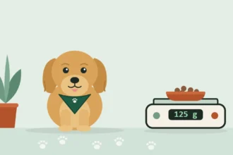 Illustrated Golden Retriever in a travel bandana sitting beside a kitchen scale holding a bowl of kibble