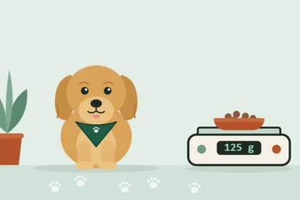 Illustrated Golden Retriever in a travel bandana sitting beside a kitchen scale holding a bowl of kibble