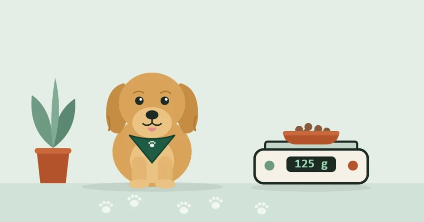 Illustrated Golden Retriever in a travel bandana sitting beside a kitchen scale holding a bowl of kibble