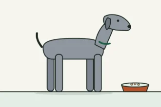 Illustration of a Great Dane beside a food bowl on the floor