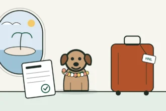 Illustration of a dog in a flower lei beside a suitcase tagged HNL and approved paperwork