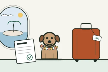 Illustration of a dog in a flower lei beside a suitcase tagged HNL and approved paperwork