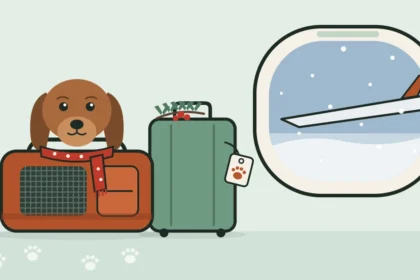 Illustration of a small brown dog in a red scarf peeking out of a pet carrier beside a suitcase, with snow falling past an airplane window