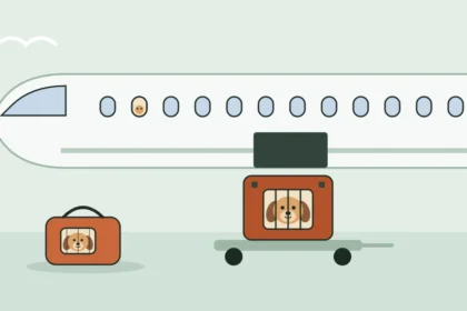 Illustration of a dog in a crate on a baggage cart below a plane's open cargo hold, with a small dog in a soft carrier nearby