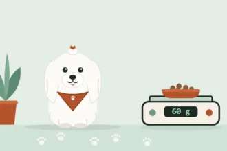 Illustrated Maltese with a topknot and travel bandana beside a kitchen scale reading 60 g