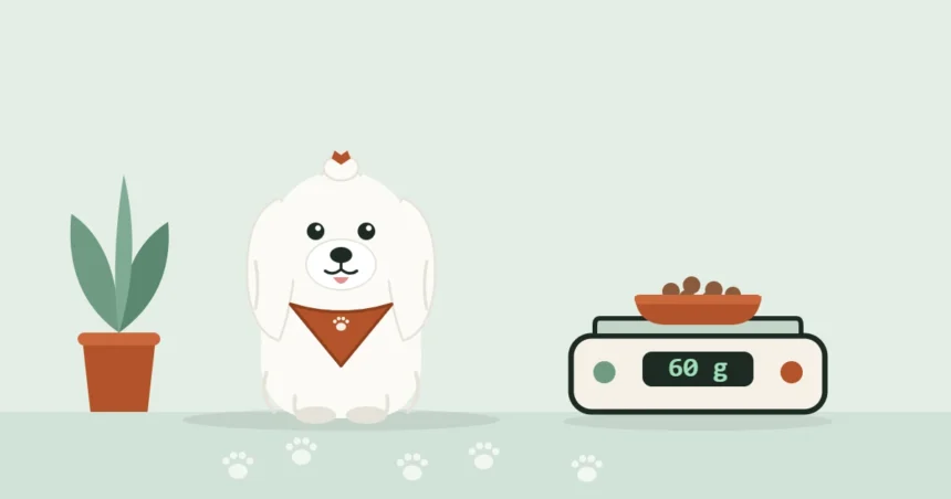 Illustrated Maltese with a topknot and travel bandana beside a kitchen scale reading 60 g