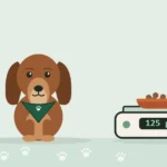 Illustrated Dachshund in a travel bandana sitting beside a kitchen scale holding a bowl of kibble