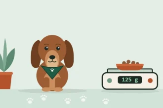 Illustrated Dachshund in a travel bandana sitting beside a kitchen scale holding a bowl of kibble