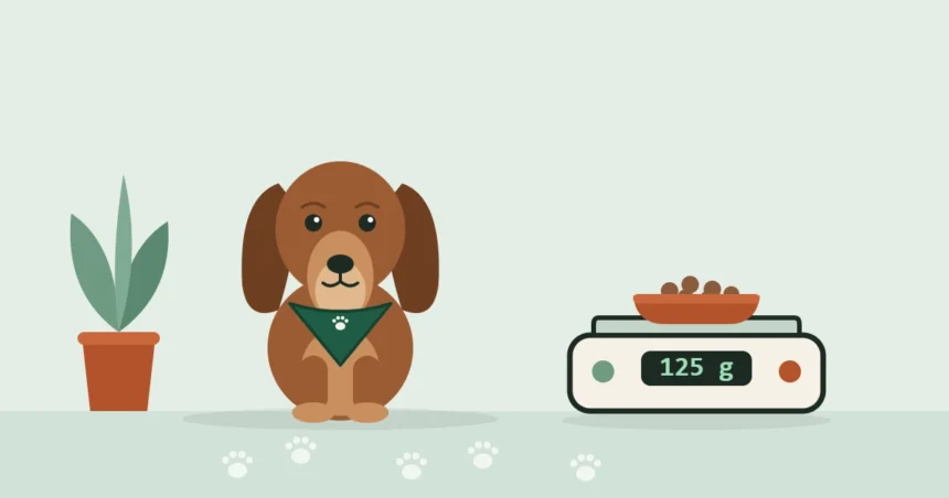 Illustrated Dachshund in a travel bandana sitting beside a kitchen scale holding a bowl of kibble
