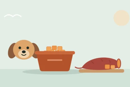 Illustration of a happy dog looking at a bowl of cooked sweet potato cubes