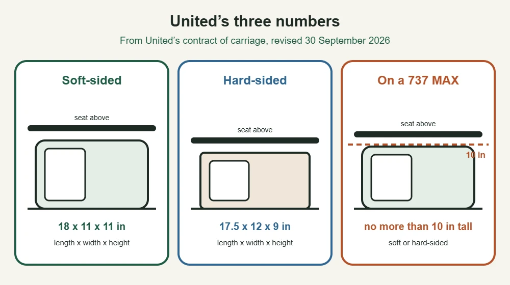 United pet carrier limits: soft-sided 18 x 11 x 11 in, hard-sided 17.5 x 12 x 9 in, 10 in tall on a 737 MAX