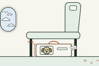 Illustration of a small dog in a soft pet carrier under an airplane seat