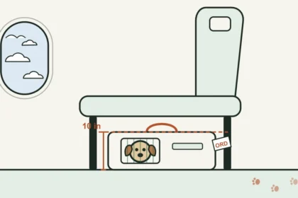 Illustration of a small dog in a soft pet carrier under an airplane seat