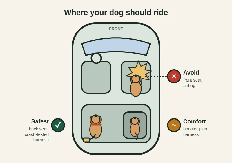 Diagram of a car from above: a dog in a crash-tested harness clipped to the back seat belt is marked safe, a dog in a booster seat with a harness tether in the back is marked comfort only, and a dog in the front passenger seat beside an airbag is marked avoid